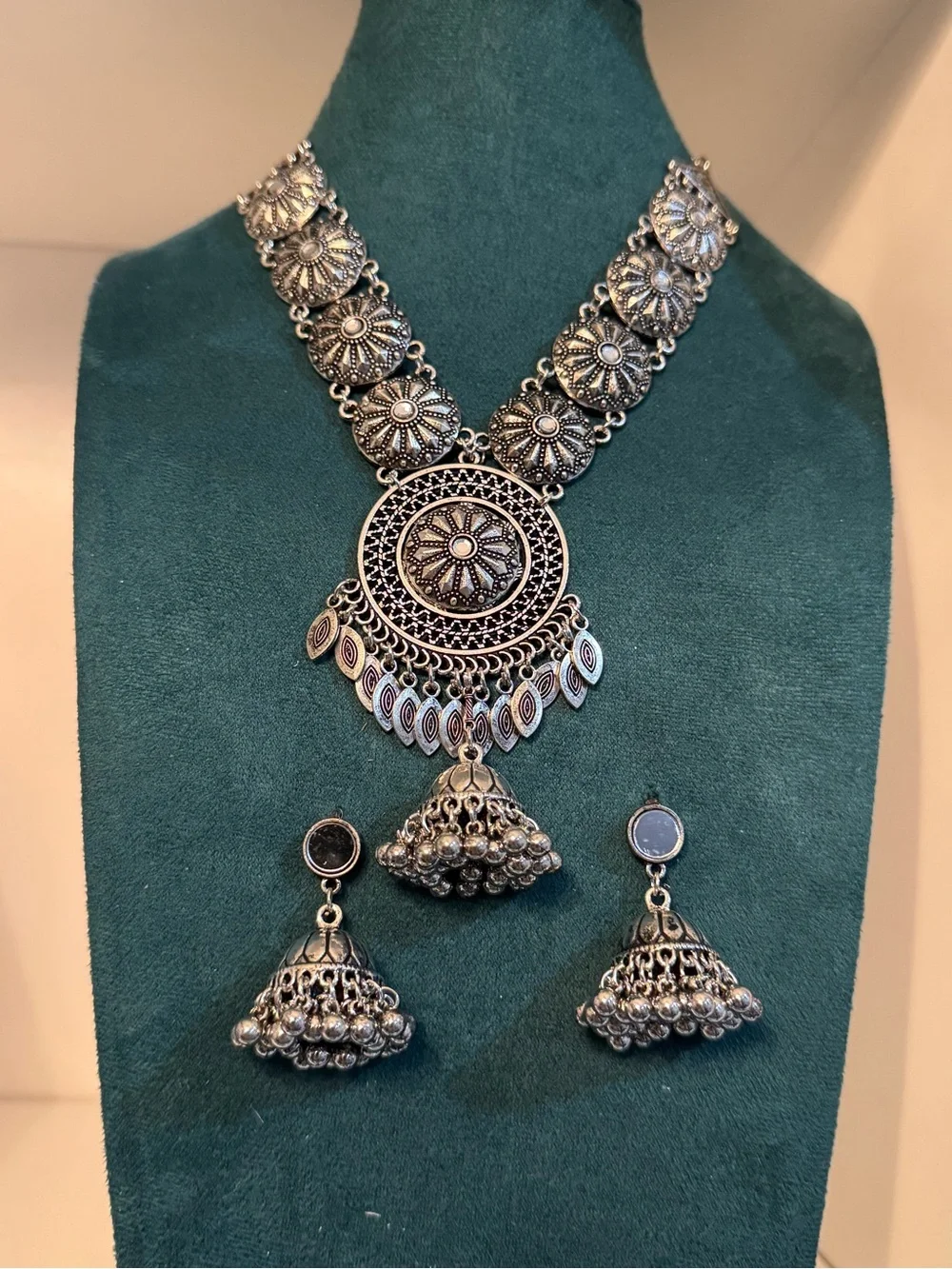 Oxidized Silver-Tone Floral Medallion Necklace & Jhumka Earring Set